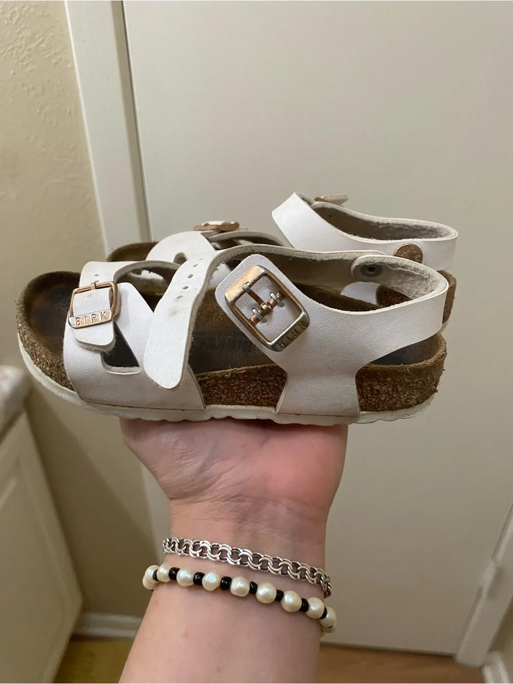 Birkenstock White Kids' Two-Strap Cork Sandals with Buckles